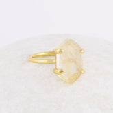 Golden Rutile Silver Ring - Golden Rutile Quartz 8x15mm Hexagon Shape Gemstone Ringn - 18k Gold Plated Ring - Rings For Women - Gift for Her